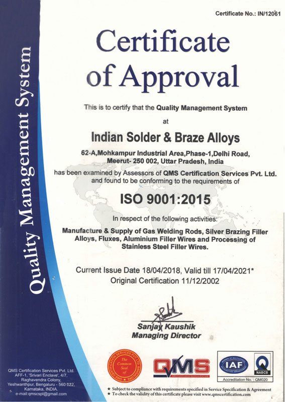 ISO 9001:2008 Certificate, Indian Solder
