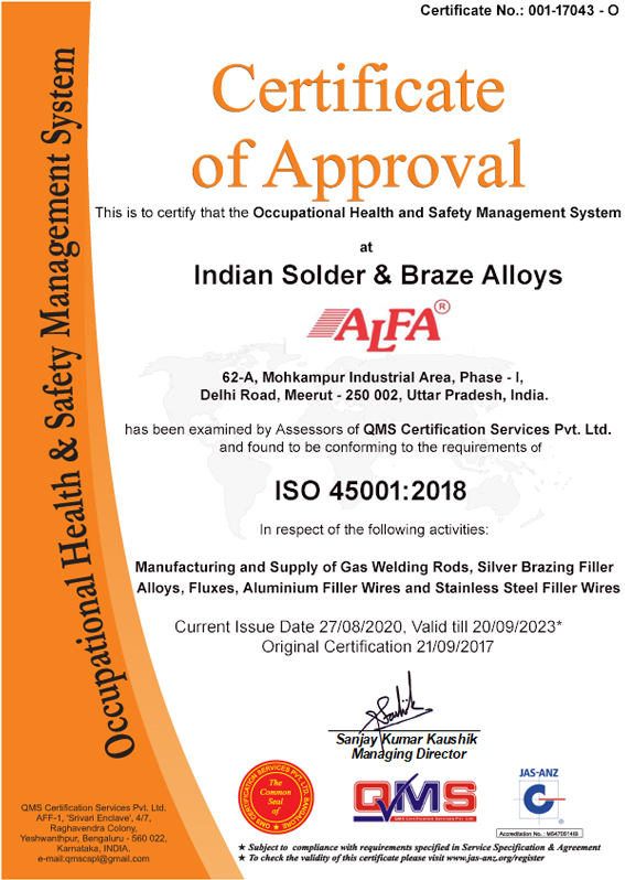 Certificates Indian Solder & Braze Alloys ALFA